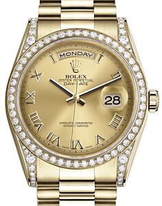 Rolex Day-Date 36 Yellow Gold Champagne Roman Dial & Diamond Set Case & Bezel President Bracelet 118388 - BRAND NEW