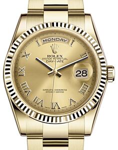 Rolex Day-Date 36 Yellow Gold Champagne Roman Dial & Fluted Bezel Oyster Bracelet 118238