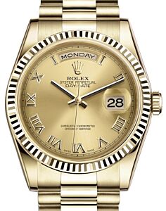 Rolex Day-Date 36 Yellow Gold Champagne Roman Dial & Fluted Bezel President Bracelet 118238 