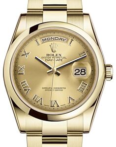Rolex Day-Date 36 Yellow Gold Champagne Roman Dial & Smooth Domed Bezel Oyster Bracelet 118208 - BRAND NEW