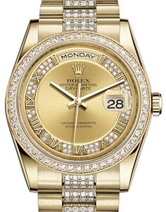 Rolex Day-Date 36 Yellow Gold Champagne Set with Diamonds Roman Dial & Diamond Bezel Diamond Set President Bracelet 118348 - BRAND NEW