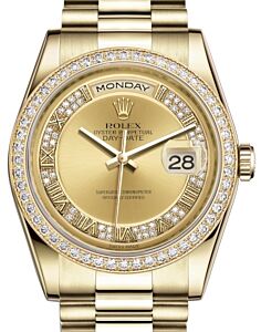 Rolex Day-Date 36 Yellow Gold Champagne Set with Diamonds Roman Dial & Diamond Bezel President Bracelet 118348 - BRAND NEW