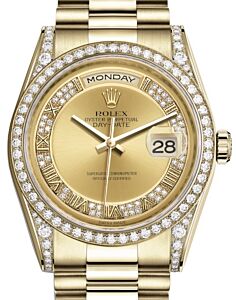 Rolex Day-Date 36 Yellow Gold Champagne Set with Diamonds Roman Dial & Diamond Set Case & Bezel President Bracelet 118388 - BRAND NEW