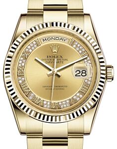 Rolex Day-Date 36 Yellow Gold Champagne Set with Diamonds Roman Dial & Fluted Bezel Oyster Bracelet 118238
