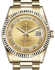 Rolex Day-Date 36 Yellow Gold Champagne Set with Diamonds Roman Dial & Fluted Bezel President Bracelet 118238