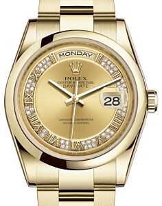 Rolex Day-Date 36 Yellow Gold Champagne Set with Diamonds Roman Dial & Smooth Domed Bezel Oyster Bracelet 118208 - BRAND NEW
