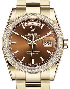 Rolex Day-Date 36 Yellow Gold Cognac Index Dial & Diamond Bezel Oyster Bracelet 118348 - BRAND NEW