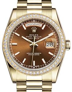 Rolex Day-Date 36 Yellow Gold Cognac Index Dial & Diamond Bezel President Bracelet 118348 - BRAND NEW