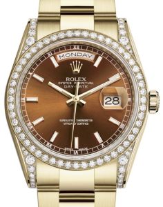 Rolex Day-Date 36 Yellow Gold Cognac Index Dial & Diamond Set Case & Bezel Oyster Bracelet 118388 - BRAND NEW