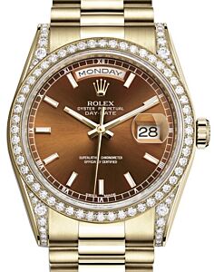 Rolex Day-Date 36 Yellow Gold Cognac Index Dial & Diamond Set Case & Bezel President Bracelet 118388 - BRAND NEW