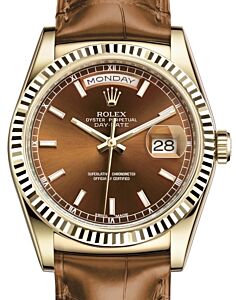 Rolex Day-Date 36 Yellow Gold Cognac Index Dial & Fluted Bezel Cognac Leather Strap 118138 - BRAND NEW