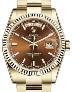 Rolex Day-Date 36 Yellow Gold Cognac Index Dial & Fluted Bezel Oyster Bracelet 118238