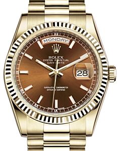Rolex Day-Date 36 Yellow Gold Cognac Brown Index Dial & Fluted Bezel President Bracelet 118238