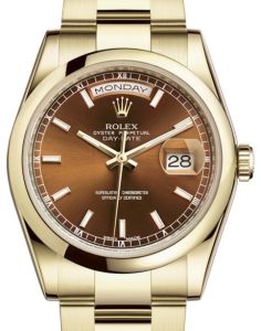 Rolex Day-Date 36 Yellow Gold Cognac Index Dial & Smooth Domed Bezel Oyster Bracelet 118208 - BRAND NEW