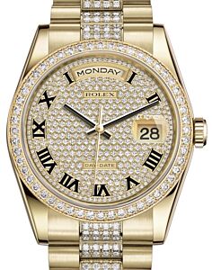 Rolex Day-Date 36 Yellow Gold Diamond Paved Roman Dial & Diamond Bezel Diamond Set President Bracelet 118348 - BRAND NEW