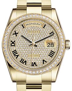 Rolex Day-Date 36 Yellow Gold Diamond Paved Roman Dial & Diamond Bezel Oyster Bracelet 118348 - BRAND NEW