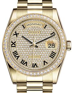 Rolex Day-Date 36 Yellow Gold Diamond Paved Roman Dial & Diamond Bezel President Bracelet 118348 - BRAND NEW