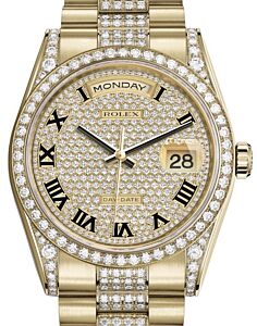 Rolex Day-Date 36 Yellow Gold Diamond Paved Roman Dial & Diamond Set Case & Bezel Diamond Set President Bracelet 118388 - BRAND NEW