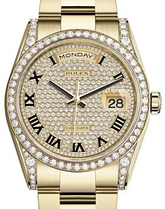 Rolex Day-Date 36 Yellow Gold Diamond Paved Roman Dial & Diamond Set Case & Bezel Oyster Bracelet 118388 - BRAND NEW