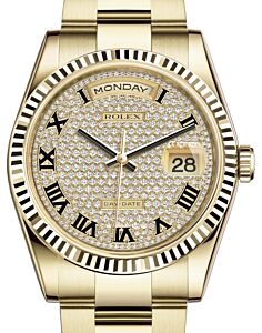 Rolex Day-Date 36 Yellow Gold Diamond Paved Roman Dial & Fluted Bezel Oyster Bracelet 118238