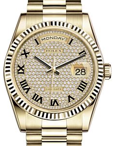 Rolex Day-Date 36 Yellow Gold Diamond Paved Roman Dial & Fluted Bezel President Bracelet 118238