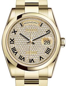 Rolex Day-Date 36 Yellow Gold Diamond Paved Roman Dial & Smooth Domed Bezel Oyster Bracelet 118208 - BRAND NEW