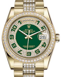 Rolex Day-Date 36 Yellow Gold Green Diamond Paved Arabic Dial & Diamond Bezel Diamond Set President Bracelet 118348 - BRAND NEW