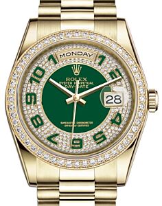 Rolex Day-Date 36 Yellow Gold Green Diamond Paved Arabic Dial & Diamond Bezel President Bracelet 118348 - BRAND NEW