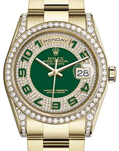 Rolex Day-Date 36 Yellow Gold Green Diamond Paved Arabic Dial & Diamond Set Case & Bezel Oyster Bracelet 118388 - BRAND NEW