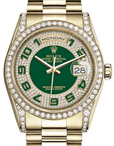 Rolex Day-Date 36 Yellow Gold Green Diamond Paved Arabic Dial & Diamond Set Case & Bezel President Bracelet 118388 - BRAND NEW