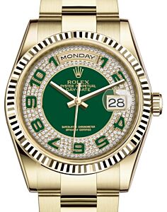 Rolex Day-Date 36 Yellow Gold Green Diamond Paved Arabic Dial & Fluted Bezel Oyster Bracelet 118238