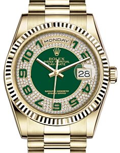 Rolex Day-Date 36 Yellow Gold Green Diamond Paved Arabic Dial & Fluted Bezel President Bracelet 118238