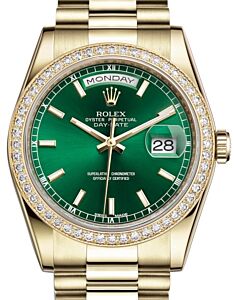 Rolex Day-Date 36 Yellow Gold Green Index Dial & Diamond Bezel President Bracelet 118348 - BRAND NEW