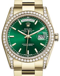 Rolex Day-Date 36 Yellow Gold Green Index Dial & Diamond Set Case & Bezel Oyster Bracelet 118388 - BRAND NEW