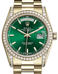 Rolex Day-Date 36 Yellow Gold Green Index Dial & Diamond Set Case & Bezel President Bracelet 118388 - BRAND NEW