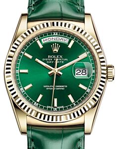 Rolex Day-Date 36 Yellow Gold Green Index Dial & Fluted Bezel Green Leather Strap 118138 - BRAND NEW