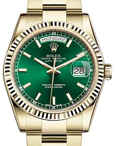 Rolex Day-Date 36 Yellow Gold Green Index Dial & Fluted Bezel Oyster Bracelet 118238