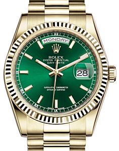 Rolex Day-Date 36 Yellow Gold Green Index Dial & Fluted Bezel President Bracelet 118238 - PRE OWNED