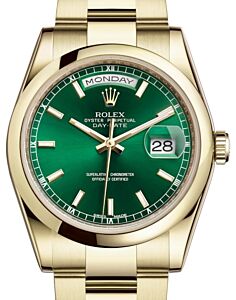 Rolex Day-Date 36 Yellow Gold Green Index Dial & Smooth Domed Bezel Oyster Bracelet 118208 - BRAND NEW