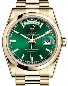 Rolex Day-Date 36 Yellow Gold Green Index Dial & Smooth Domed Bezel President Bracelet 118208 