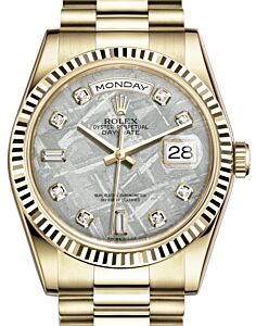 Rolex Day-Date 36 Yellow Gold Meteorite Diamond Dial & Fluted Bezel President Bracelet 118238 - PRE OWNED