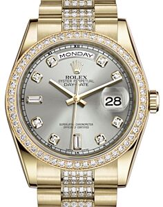 Rolex Day-Date 36 Yellow Gold Silver Diamond Dial & Diamond Bezel Diamond Set President Bracelet 118348 - BRAND NEW