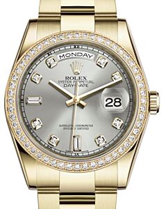 Rolex Day-Date 36 Yellow Gold Silver Diamond Dial & Diamond Bezel Oyster Bracelet 118348 - BRAND NEW