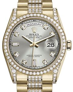 Rolex Day-Date 36 Yellow Gold Silver Diamond Dial & Diamond Set Case & Bezel Diamond Set President Bracelet 118388 - BRAND NEW