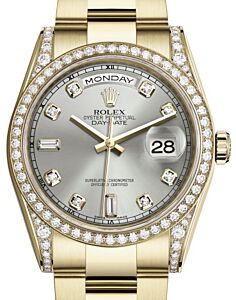 Rolex Day-Date 36 Yellow Gold Silver Diamond Dial & Diamond Set Case & Bezel Oyster Bracelet 118388 - BRAND NEW