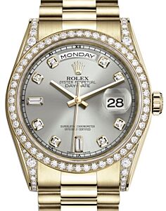 Rolex Day-Date 36 Yellow Gold Silver Diamond Dial & Diamond Set Case & Bezel President Bracelet 118388 - BRAND NEW