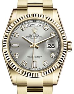 Rolex Day-Date 36 Yellow Gold Silver Diamond Dial & Fluted Bezel Oyster Bracelet 118238
