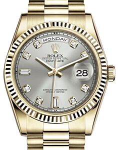 Rolex Day-Date 36 Yellow Gold Silver Diamond Dial & Fluted Bezel President Bracelet 118238