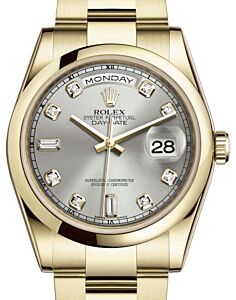 Rolex Day-Date 36 Yellow Gold Silver Diamond Dial & Smooth Domed Bezel Oyster Bracelet 118208 - BRAND NEW