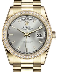 Rolex Day-Date 36 Yellow Gold Silver Index Dial & Diamond Bezel President Bracelet 118348 - BRAND NEW
